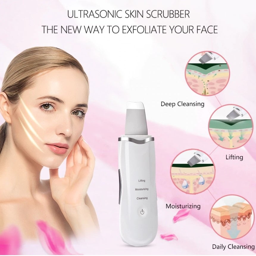 Aparat curatare faciala, ultrasonic, lifting ten, indepartare puncte negre, hidratare, skin scrubber, peeling, alb