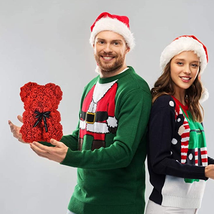 Ursulet din trandafiri rosii artificiali, decorat manual, cutie transparenta, 25X17X17 cm