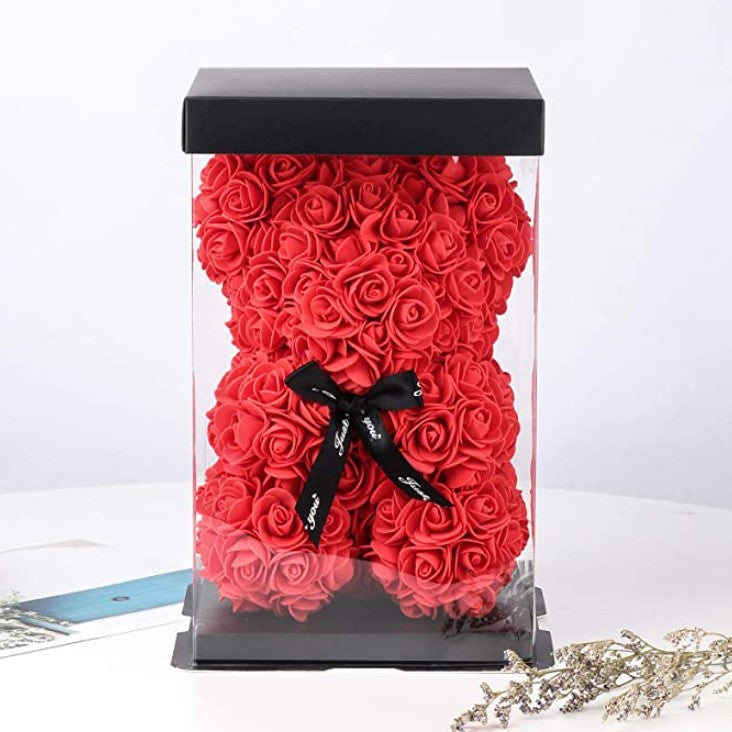 Ursulet din trandafiri rosii artificiali, decorat manual, cutie transparenta, 25X17X17 cm