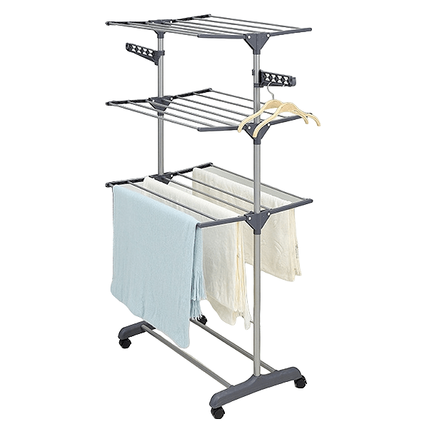 Uscator de rufe metalic, pliabil, cu suport de umerase pentru haine, raft pentru incaltaminte, 3 etaje, 170x 64 cm - BUZ.RO