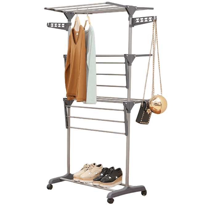 Uscator de rufe metalic, pliabil, cu suport de umerase pentru haine, raft pentru incaltaminte, 3 etaje, 170x 64 cm - BUZ.RO