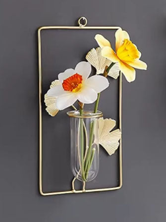 Vaza de sticla, cu suport metalic, pentru perete, dreptunghi, aurie
