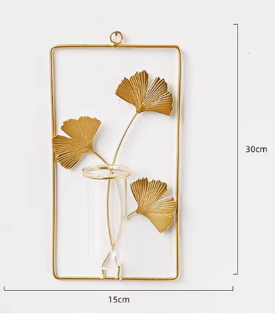 Vaza de sticla, cu suport metalic, pentru perete, dreptunghi, aurie