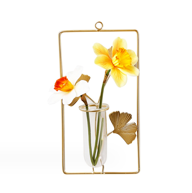 Vaza de sticla, cu suport metalic, pentru perete, dreptunghi, aurie
