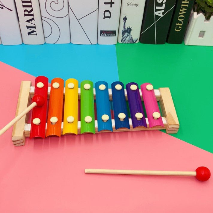 Xilofon copii, jucarie interactiva, jucarie educativa, 2 ciocanele, 8 note muzicale, din lemn, multicolora - BUZ.RO