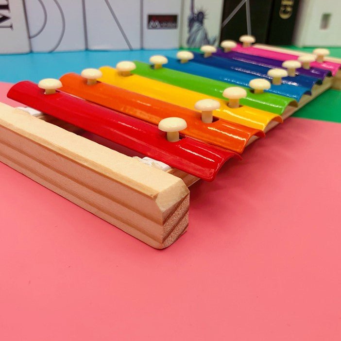 Xilofon copii, jucarie interactiva, jucarie educativa, 2 ciocanele, 8 note muzicale, din lemn, multicolora - BUZ.RO