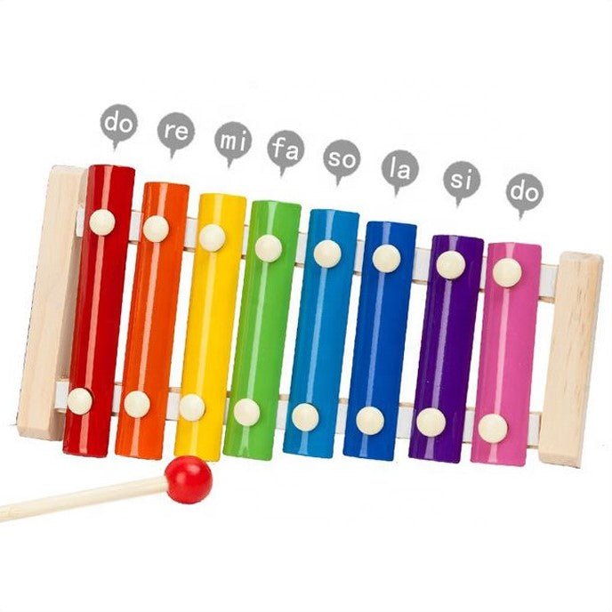 Xilofon copii, jucarie interactiva, jucarie educativa, 2 ciocanele, 8 note muzicale, din lemn, multicolora - BUZ.RO