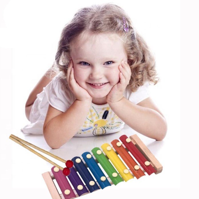 Xilofon copii, jucarie interactiva, jucarie educativa, 2 ciocanele, 8 note muzicale, din lemn, multicolora - BUZ.RO