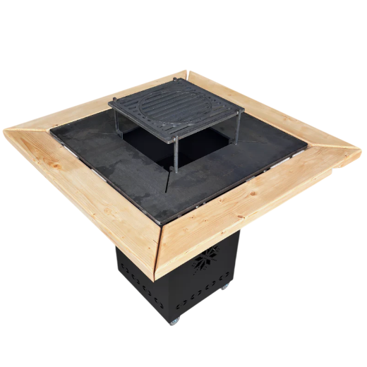 FirePit, Gratar cu plita 75x 75 cm din otel, 10 mm, pentru gradina sau terasa  + blat de lemn