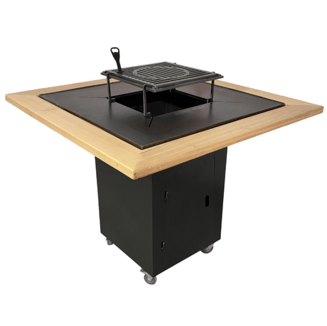 Gratar Gradina Fire Pit cu plita 95x 95 cm din otel 10 mm + blat de lemn 1.3 x 1.3 m Frasin sau  Brad - BUZ.RO