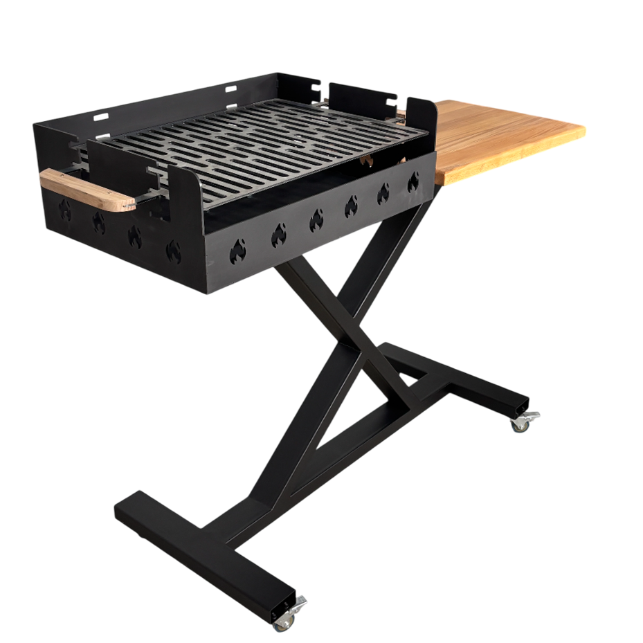 Gratar gradina portabil, premium, cu masa lucru, reglabil pe inaltime de gatire , din otel carbon, suport de lucru, pentru camping