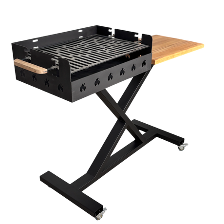 Gratar gradina portabil, premium, cu masa lucru, reglabil pe inaltime de gatire , din otel carbon, suport de lucru, pentru camping