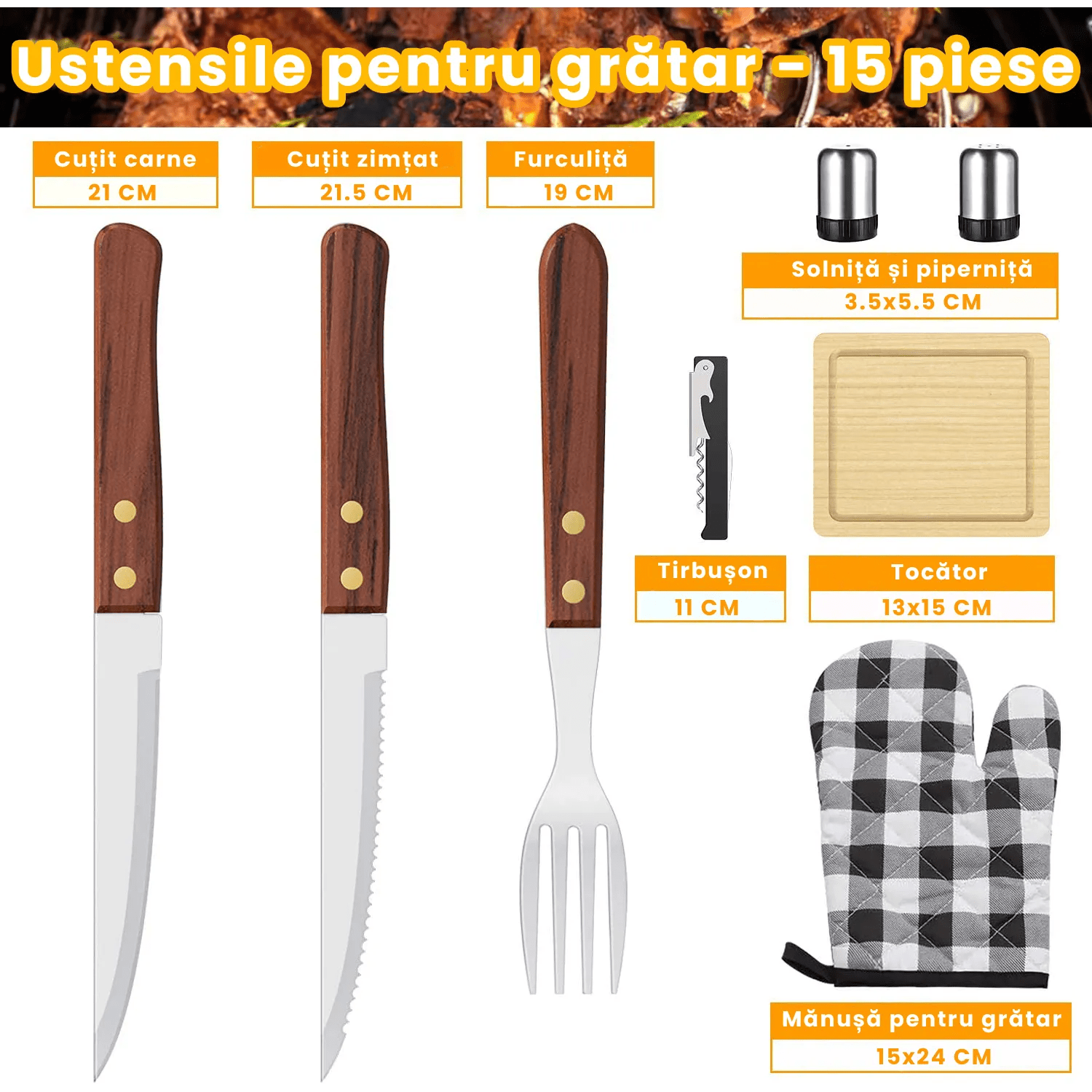 Set accesorii ustensile gratar geanta Frigorifica si Husa de Transport, cleste, termometru, paleta,otel inoxidabil, 15 accesorii - BUZ.RO