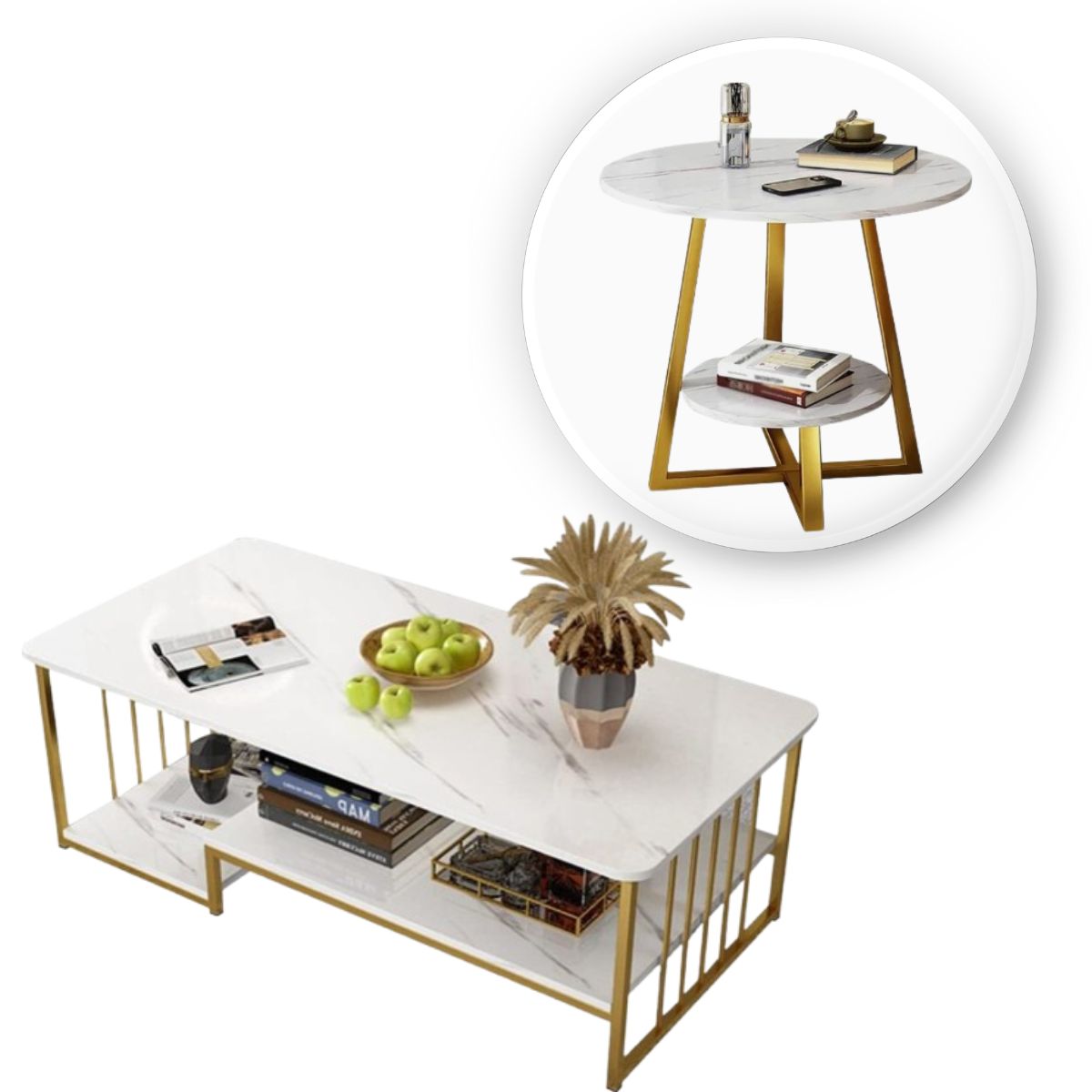 Set 2 masute de cafea, marmura artificiala, aspect minimalist, modern