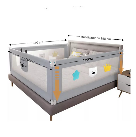 Set 3 bariere protectie culisante + STABILIZATOR pentru pat, inaltime reglabila 68-98 cm, 160 cm 180 cm 200 cm