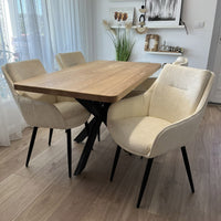 Set masa cu scaune bucatarie, dining, living, sufragerie, blat din lemn masiv frasin cu picioare metalice, scaune husa crem, 4 persoane, Diana