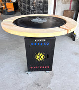Gratar Gradina  Rotund   plita 10 mm Fire Pit 73 cm din fier  pe lemne, pentru terasa  LEMN Blat Tei SI MOTIVE TRADITIONALE