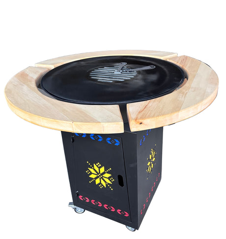 Gratar Gradina  Rotund   plita 10 mm Fire Pit 73 cm din fier  pe lemne, pentru terasa  LEMN Blat Tei SI MOTIVE TRADITIONALE