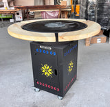 Gratar Gradina  Rotund   plita 10 mm Fire Pit 73 cm din fier  pe lemne, pentru terasa  LEMN Blat Tei SI MOTIVE TRADITIONALE