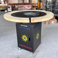 Gratar Gradina  Rotund   plita 10 mm Fire Pit 73 cm din fier  pe lemne, pentru terasa  LEMN Blat Tei SI MOTIVE TRADITIONALE