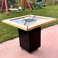 Gratar de  gradina, 5 in 1 ,fire pit cu Plita 10 mm Otel ,Cu Blat din Lemn,Suport Ceaun/Disc ,Gratar de curte