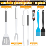 Set accesorii ustensile gratar geanta Frigorifica si Husa de Transport, cleste, termometru, paleta,otel inoxidabil, 15 accesorii
