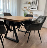 Set masa cu scaune bucatarie, dining, living, sufragerie, blat din lemn masiv cu picioare metalice, scaune gri, 4 persoane, MIA
