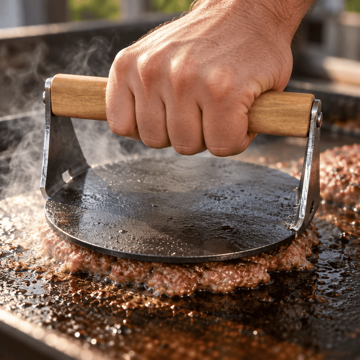 Presa Smash Burger pentru Hamburgeri, din Otel, cu Maner din Lemn