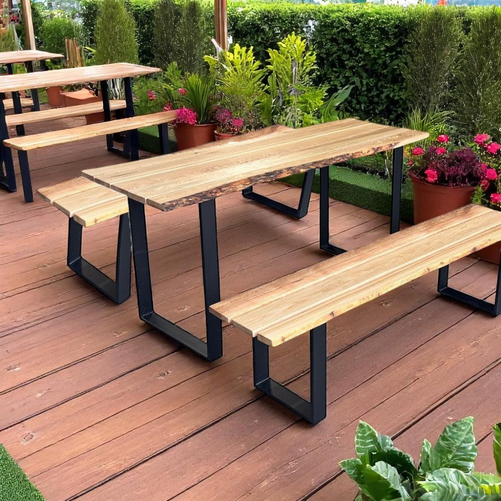 Set Mobilier Gradina sau terasa, picnic, Masa cu Banca Lemn Masiv 1.8m x 68cm , Gradina cu Banca 1.8m x 39 cm si Picioare din metal