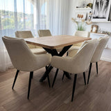 Set masa cu scaune bucatarie, dining, living, sufragerie, blat din lemn masiv cu picioare metalice, scaune husa plus crem, 6 persoane, Anisia