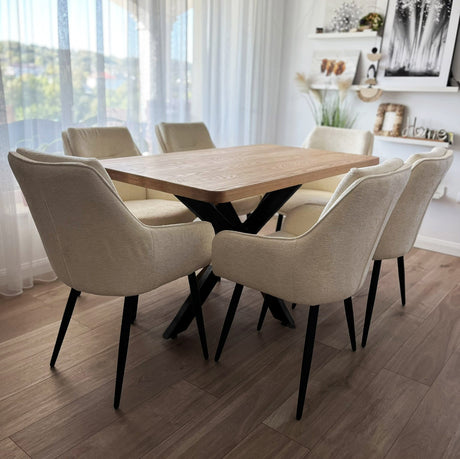Set masa cu scaune bucatarie, dining, living, sufragerie, blat din lemn masiv cu picioare metalice, scaune husa plus crem, 6 persoane, Anisia