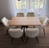 Set masa cu scaune bucatarie, dining, living, sufragerie, blat din lemn masiv cu picioare metalice, scaune husa plus crem, 6 persoane, Anisia