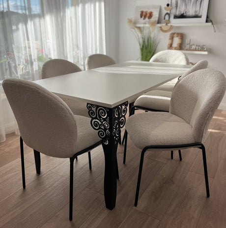 Set masa cu scaune bucatarie, dining, living, sufragerie, blat din pal cu picioare metalice negre, scaune husa plus alb, 6 persoane, Nicoleta