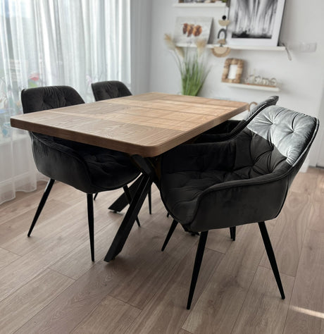 Set masa cu scaune bucatarie, dining,living, sufragerie, blat din lemn masiv cu picioare metalice, scaune husa gri, 4-6 persoane, Olivia