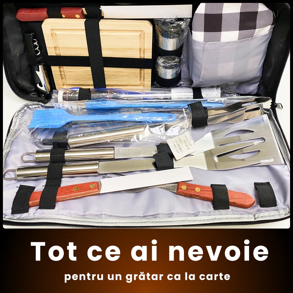 Set accesorii ustensile gratar geanta Frigorifica si Husa de Transport, cleste, termometru, paleta,otel inoxidabil, 15 accesorii