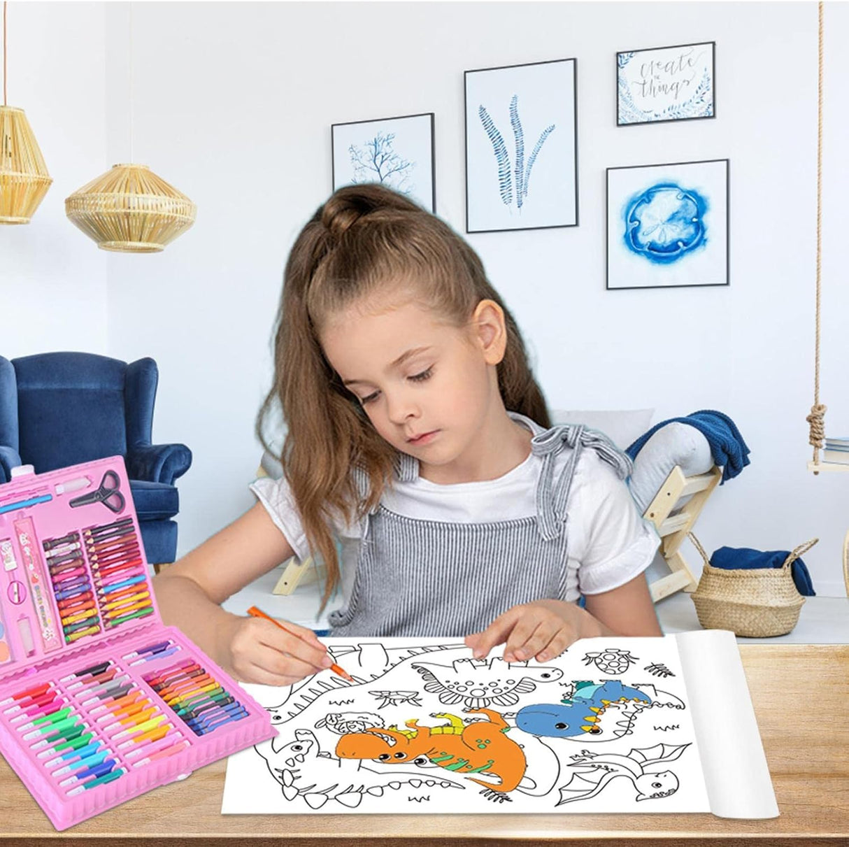 Set trusa desen copii , multicolora , interactiva , creioane , carioci , acuarele ,-84 piese