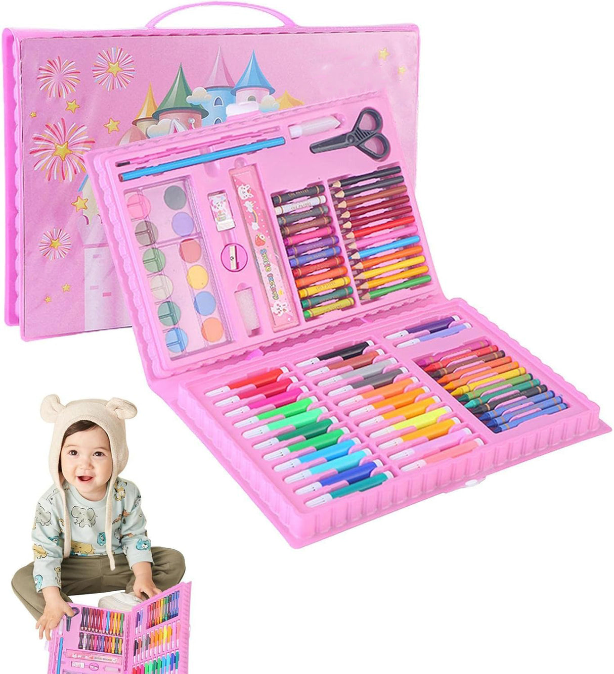 Set trusa desen copii , multicolora , interactiva , creioane , carioci , acuarele ,-84 piese
