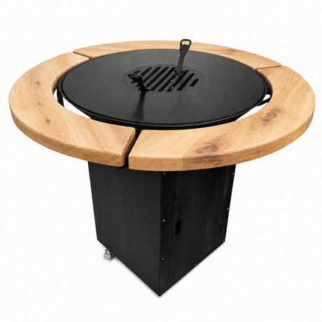 Gratar Rotund de gradina 107cm| plita 75 cm| fire pit cu Plita rotunda 8/10 mm, reglare Tiraj si sertar Cenusa inclus