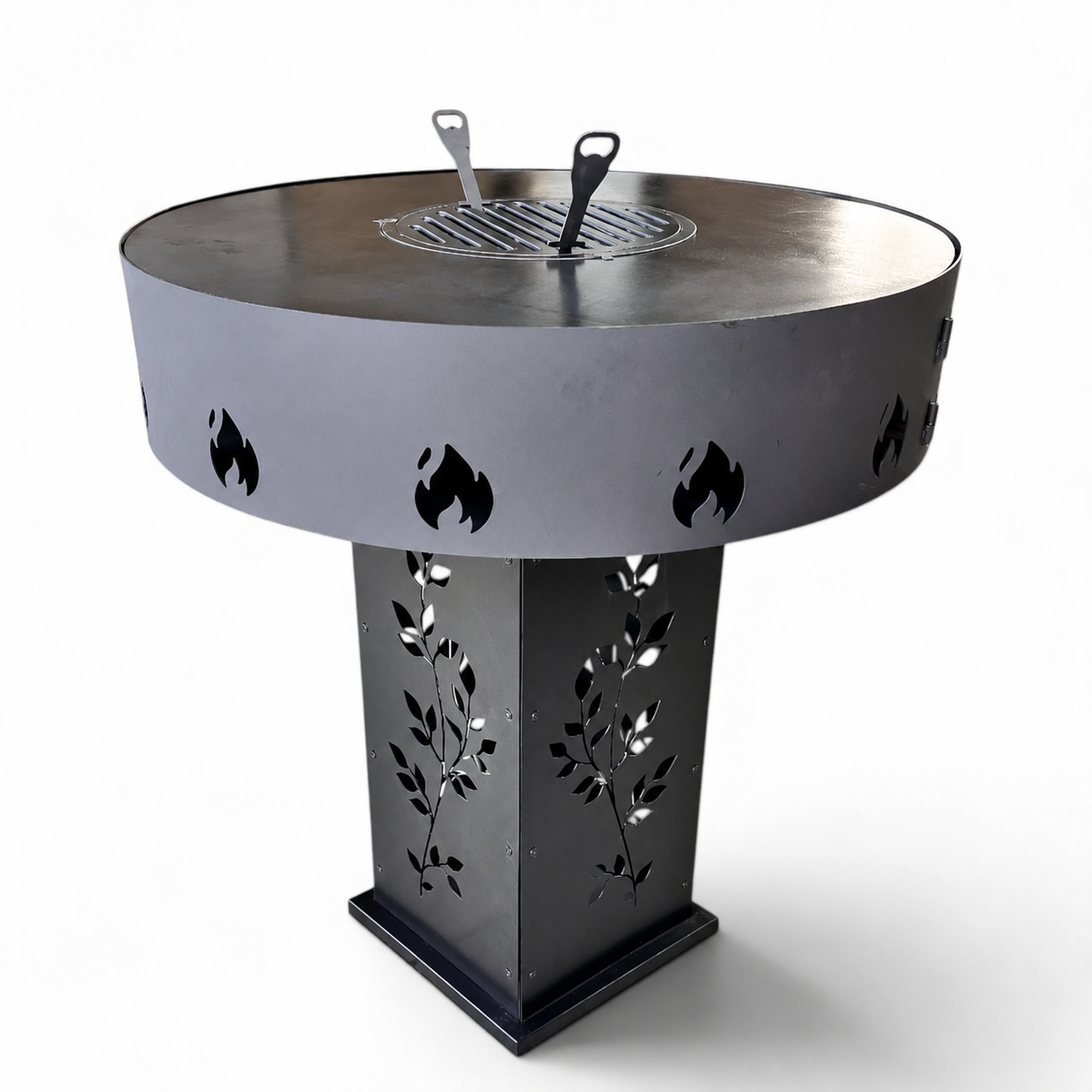 Gratar Gradina 4in1 Rotund plita 90cm |grosime 10 mm Fire Pit din fier pe lemne| terasa|multifunctional cu suport ceaun inclus
