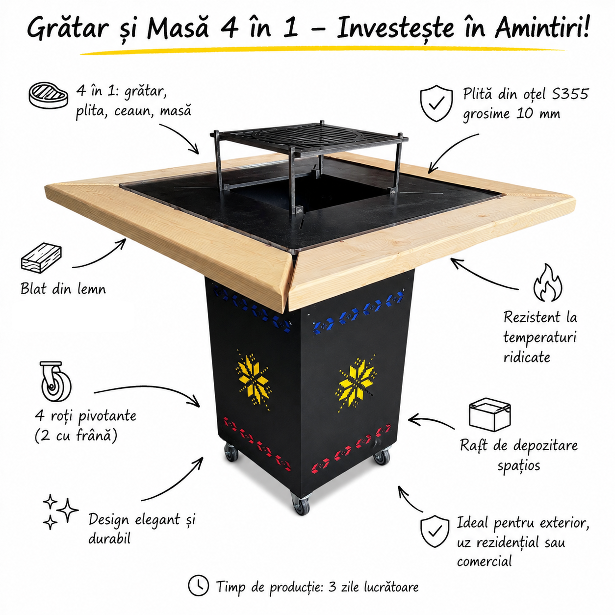 Gratar Gradina cu plita 10 mm Fire Pit 75x75 cm din fier  pe lemne, pentru terasa   CU BLAT DE LEMN SI MOTIVE TRADITIONALE
