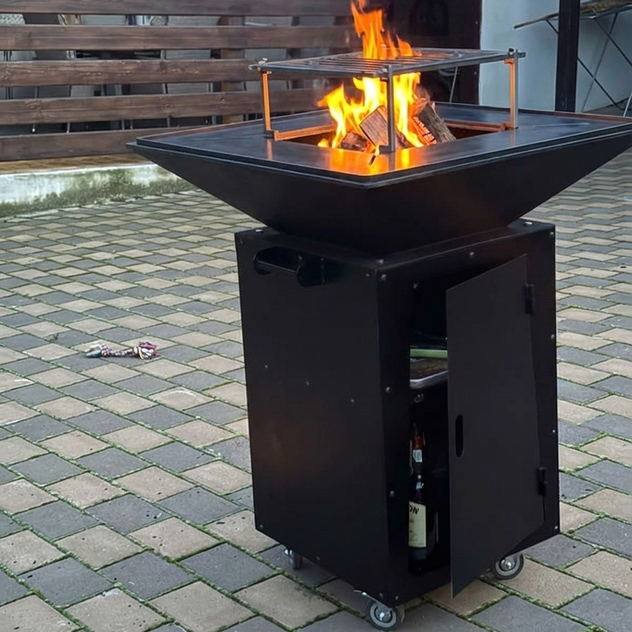 Gratar de gradina, plita 75x75 cm fire pit cu grosime 6, 8 sau 10 mm, Otel dur, fara blat