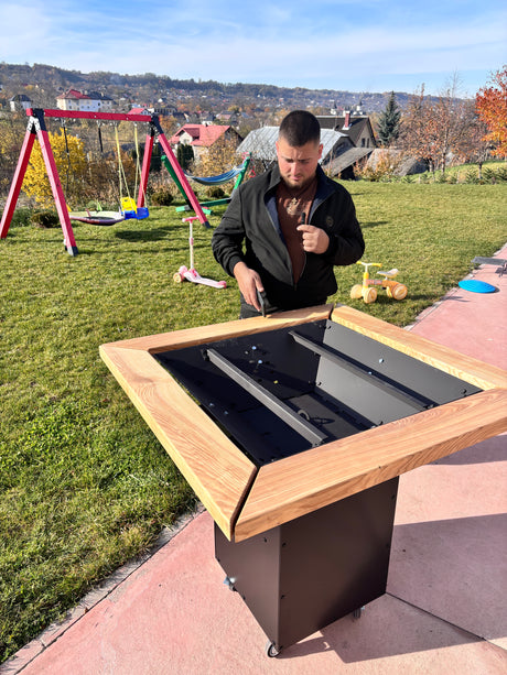 Gratar de gradina Demontabil, 5 in 1 ,fire pit cu Plita 10 mm Otel  72x 72 cm ,Cu Blat din Lemn,Suport Ceaun/Disc ,Gratar de curte