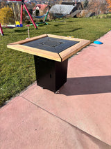 Gratar de gradina Demontabil, 5 in 1 ,fire pit cu Plita 10 mm Otel  72x 72 cm ,Cu Blat din Lemn,Suport Ceaun/Disc ,Gratar de curte