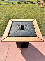Gratar de gradina Demontabil, 5 in 1 ,fire pit cu Plita 10 mm Otel  72x 72 cm ,Cu Blat din Lemn,Suport Ceaun/Disc ,Gratar de curte