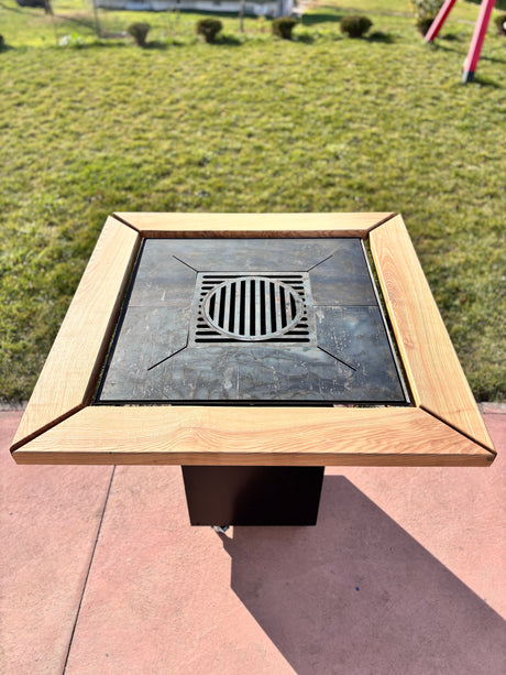Gratar de gradina Demontabil, 5 in 1 ,fire pit cu Plita 10 mm Otel  72x 72 cm ,Cu Blat din Lemn,Suport Ceaun/Disc ,Gratar de curte