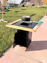 Gratar de gradina Demontabil, 5 in 1 ,fire pit cu Plita 10 mm Otel  72x 72 cm ,Cu Blat din Lemn,Suport Ceaun/Disc ,Gratar de curte