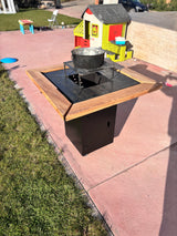 Gratar de gradina Demontabil, 5 in 1 ,fire pit cu Plita 10 mm Otel  72x 72 cm ,Cu Blat din Lemn,Suport Ceaun/Disc ,Gratar de curte