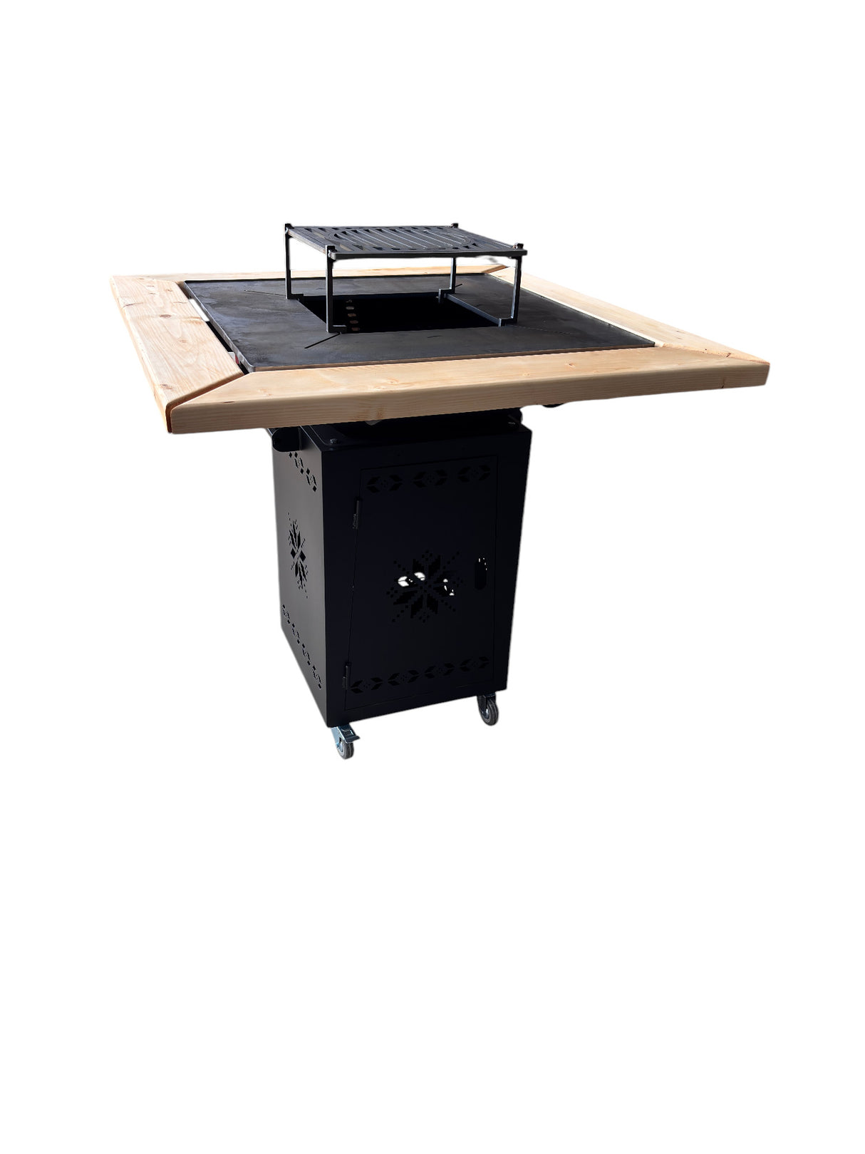 Gratar Gradina cu plita 10 mm Fire Pit 75x75 cm din fier  pe lemne, pentru terasa   CU BLAT DE LEMN SI MOTIVE TRADITIONALE