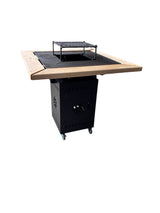 Gratar Gradina cu plita 10 mm Fire Pit 75x75 cm din fier  pe lemne, pentru terasa   CU BLAT DE LEMN SI MOTIVE TRADITIONALE