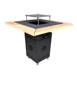 Gratar Gradina cu plita 10 mm Fire Pit 75x75 cm din fier  pe lemne, pentru terasa   CU BLAT DE LEMN SI MOTIVE TRADITIONALE